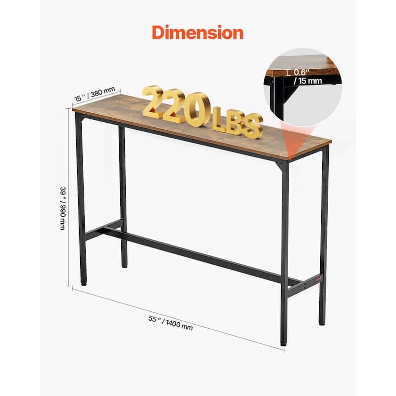 Modern 55” Rustic Brown Bar Height Pub Table with Footrest and Metal Frame for Dining Room or Coffee Shop - 55”L x 15”W x 39”H