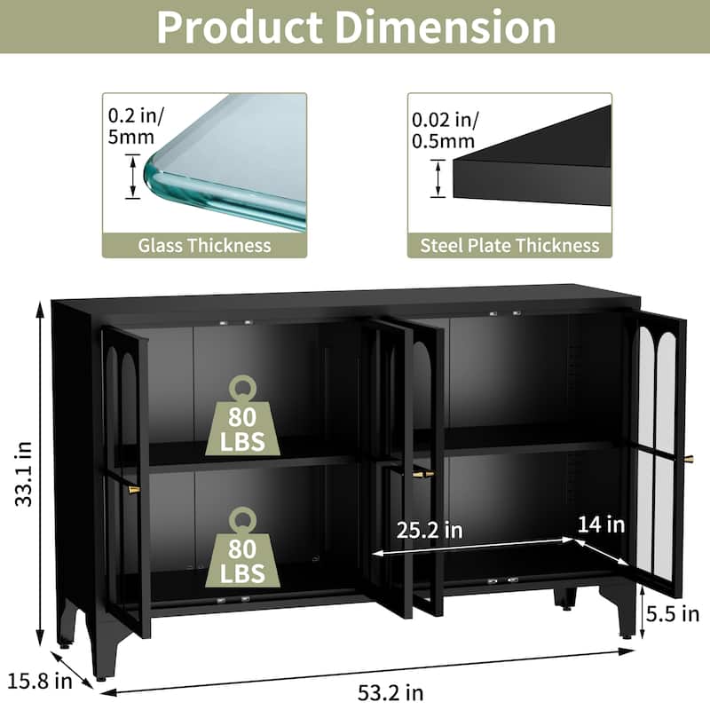 53.2"W Metal Sideboard Buffet Cabinet with Glass Doors