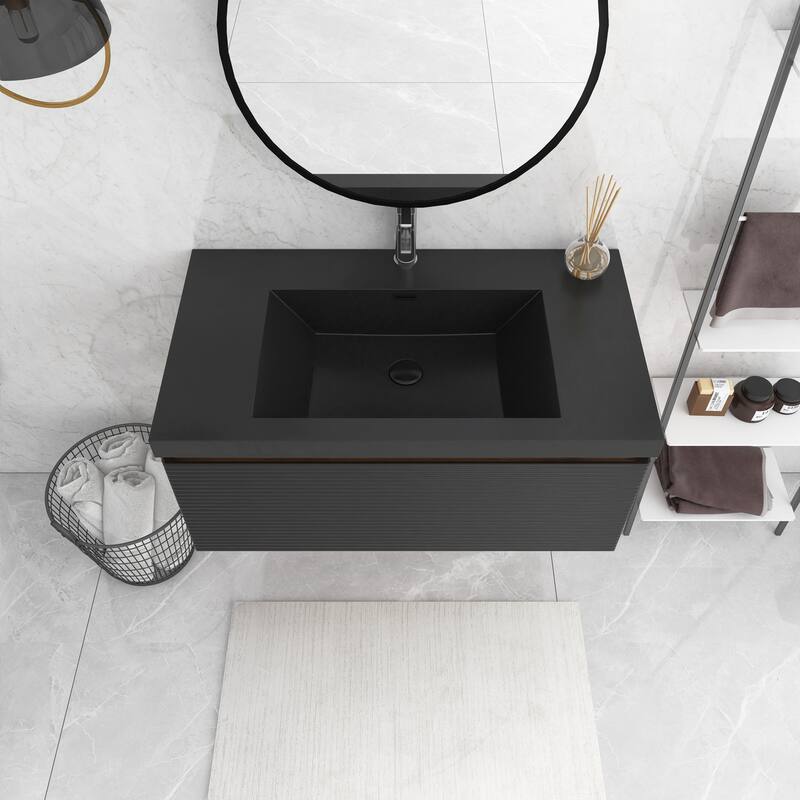 MDF Wall-Mounted Bathroom Vanity Set with Integrated Resin Sink with Drain in Matte Black