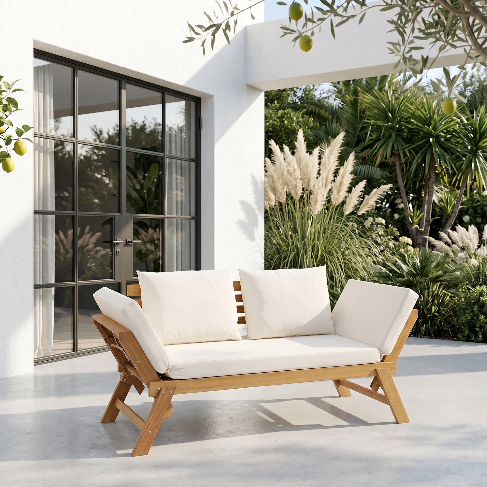 78" Outdoor Acacia Wood Expandable Daybed 2-Seater Sofa with Cushions Patio Loveseat Benches Pool Chaise Lounge