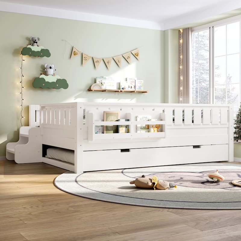 Roomfitters Floor Bed with Bookshelf and Trundle, Low Profile Frame with Step Entry