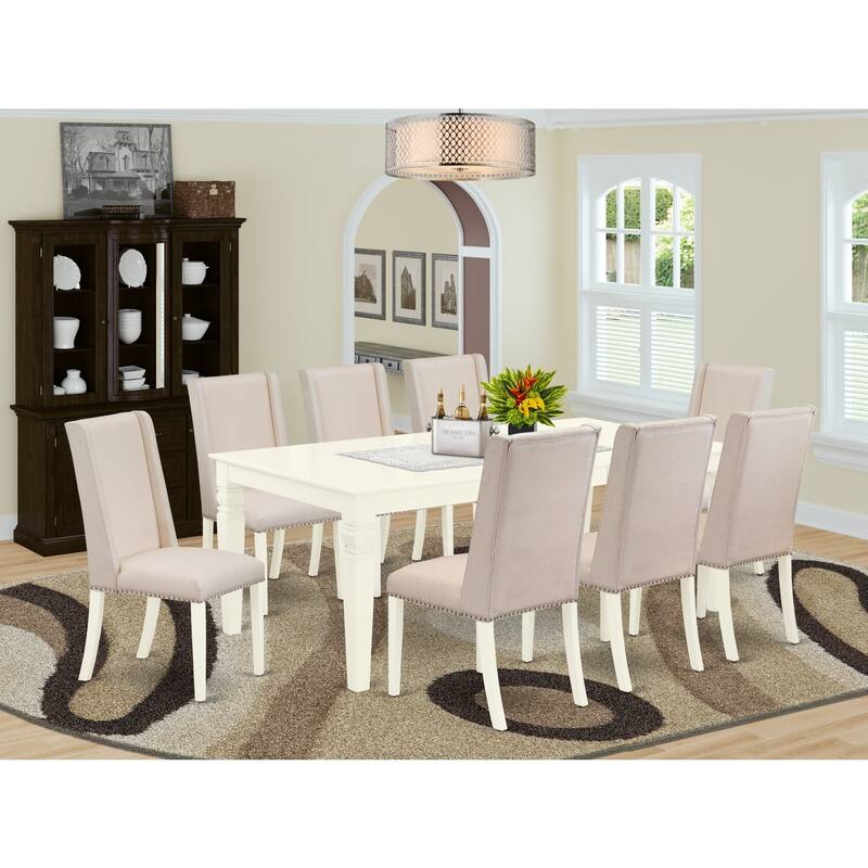 Antique Accents 9-Piece Dining Set - Kitchen Table with 8 Parson Chairs - Linen White Finish - Solid Wood Frame - 84