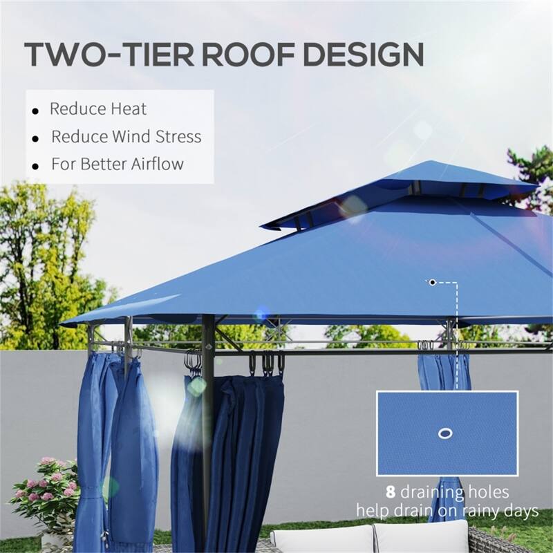 Large Metal Deck Gazebo with Two-Tier Roof and Removable Curtains Water-Drain Design for 12-Person