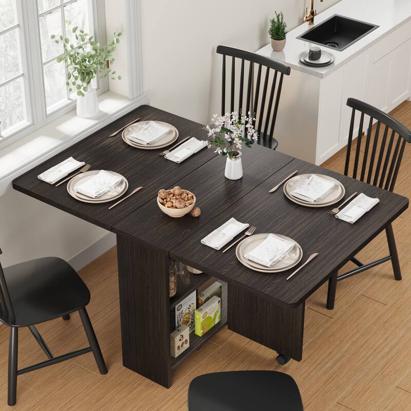 Folding Dining Table with 2 Tier Storage, Extendable Kitchen Table