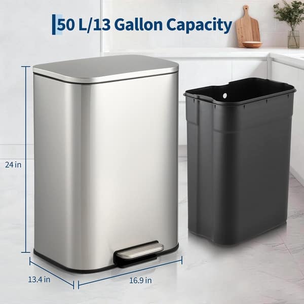 dimension image slide 0 of 7, Fingerprint-Proof Commercial Trash Can, Stainless Steel, Soft-Close Lid, Foot Pedal, Indoor Recycling,for Kitchen/Office