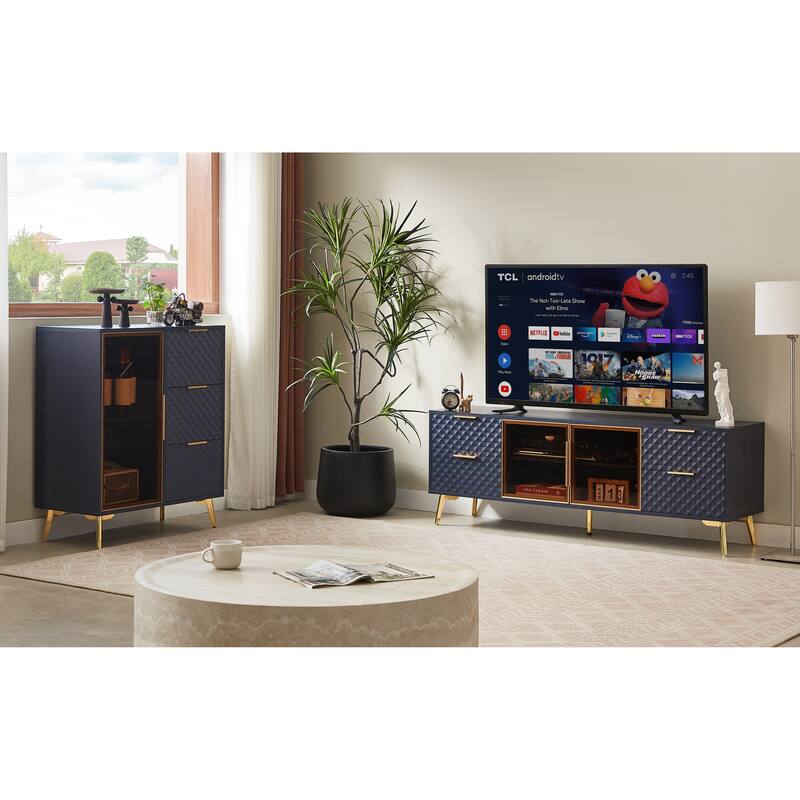 Modern TV Stand, Geometric Design TV Stand with 4 Drawers Aluminum Frame and Tempered Glass Door, for Living Rooms, Dark Blue