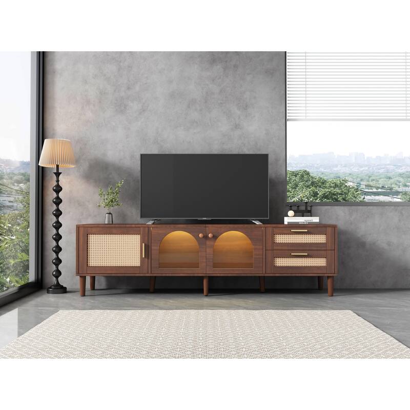 70 inch TV Stand for TVs up to 80", Entertainment Center with App Controlled LED Lights, 2 Drawers & Glass Door Storage