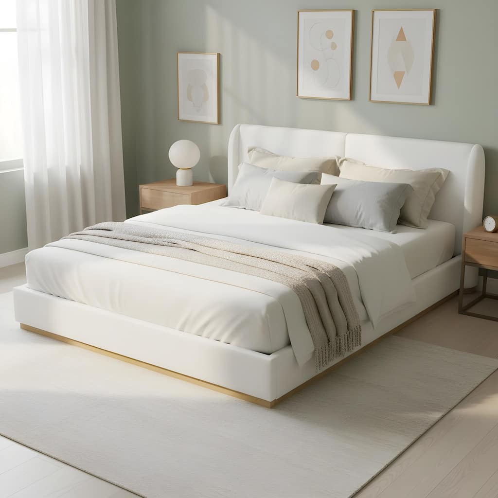 Christopher Knight Home - Contemporary Boucle Upholstered Sculpted Wingback Bed Frame, Enclosed Wood Base & Curved Headboard