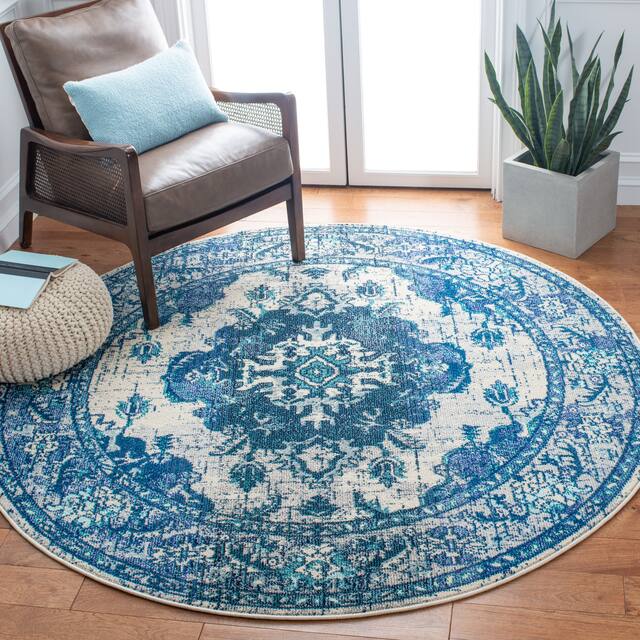SAFAVIEH Monaco Lillie Boho Medallion Distressed Area Rug - 6'7" x 6'7" Round - Ivory/Blue