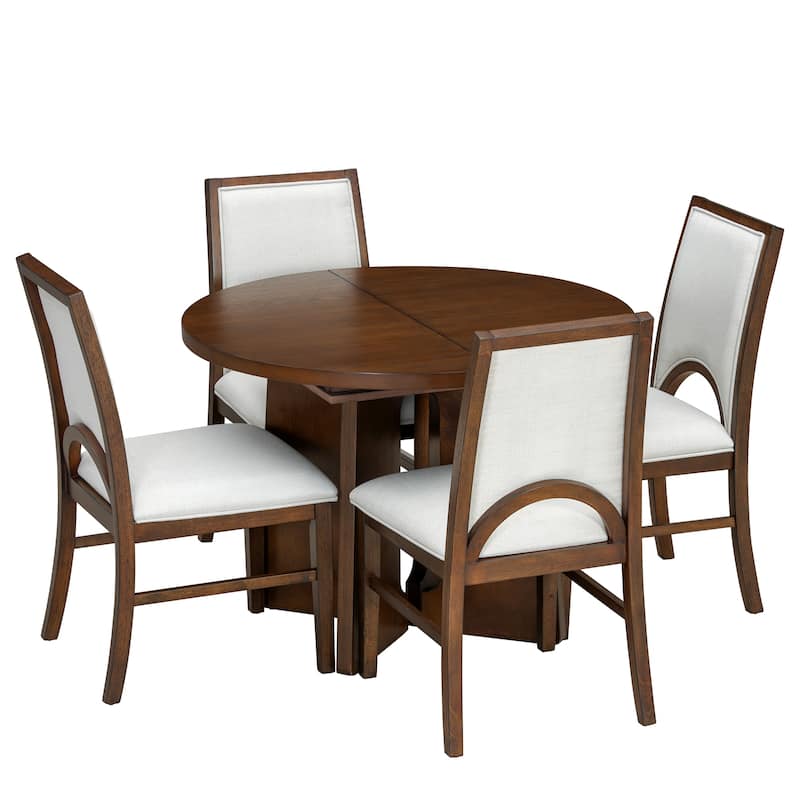 Round Dining Table Set for 4 with Extendable Top and Comfortable Upholstered Chairs for Family Meals