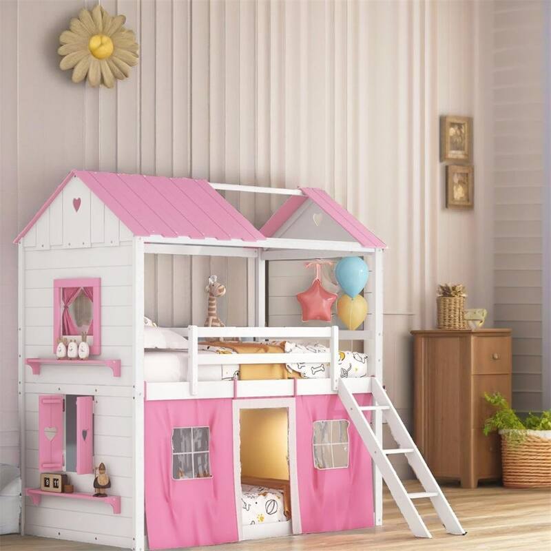 Twin Size Bunk Wood House Bed with Elegant Windows,Sills and Ten
