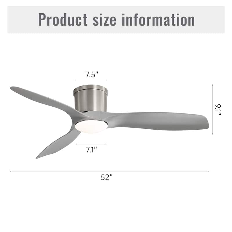 52 Inch Ceiling Fan With Light and Remote Brushed Nickel Low Profile Ceiling Fan 6 Wind Speed - 52in