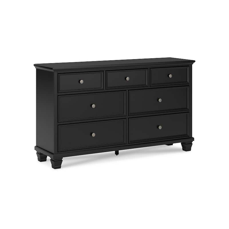 Lemo Wide Dresser, 7 Drawers, Nickel Round Knobs, Black Solid Wood