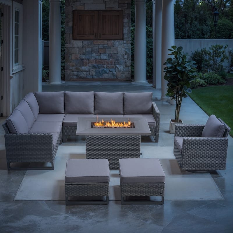 Outdoor Sofa Chair Ottomans with Fire Pit Table - Grey cushion - Grey - Grey