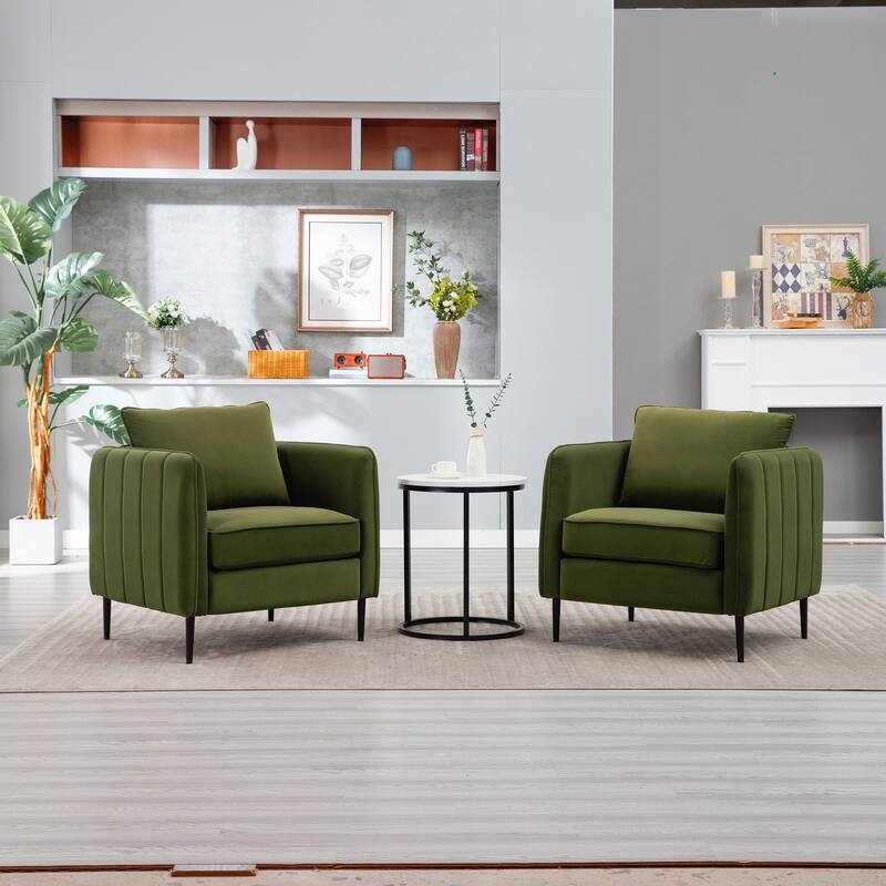 Green Velvet Accent Chair with Metal Legs and Pillow for Living Room
