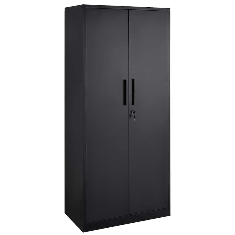 75 Inch Locking Metal Storage Cabinet with 4 Adjustable Shelves and 2 Magnetic Doors - Black Without Wheels
