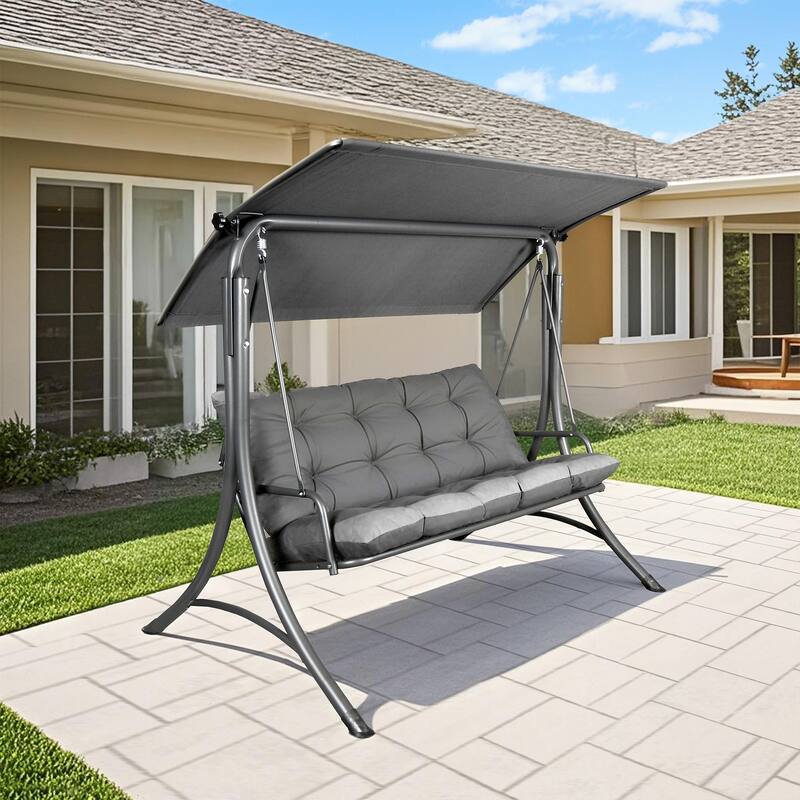 SUNJOY 3 Seat Deluxe Patio Swing Steel Frame, Adjustable Canopy Cushions Made in Italy