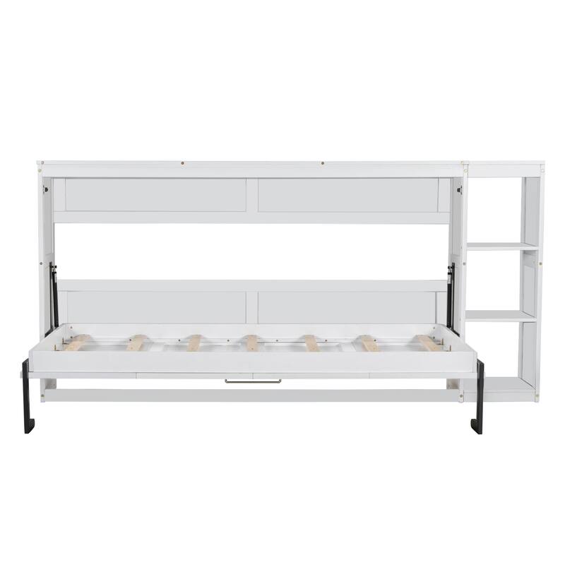 Space-Saving Twin Size Murphy Bed with Bookshelf and Storage, White