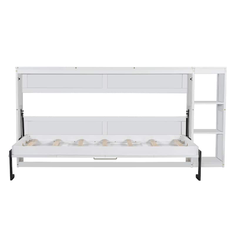 Twin Size Murphy Bed, Wooden Platform Bed with 3 Storage Bookshelf, Hidden Multifunction Folding Wall Bedframe for Bedroom