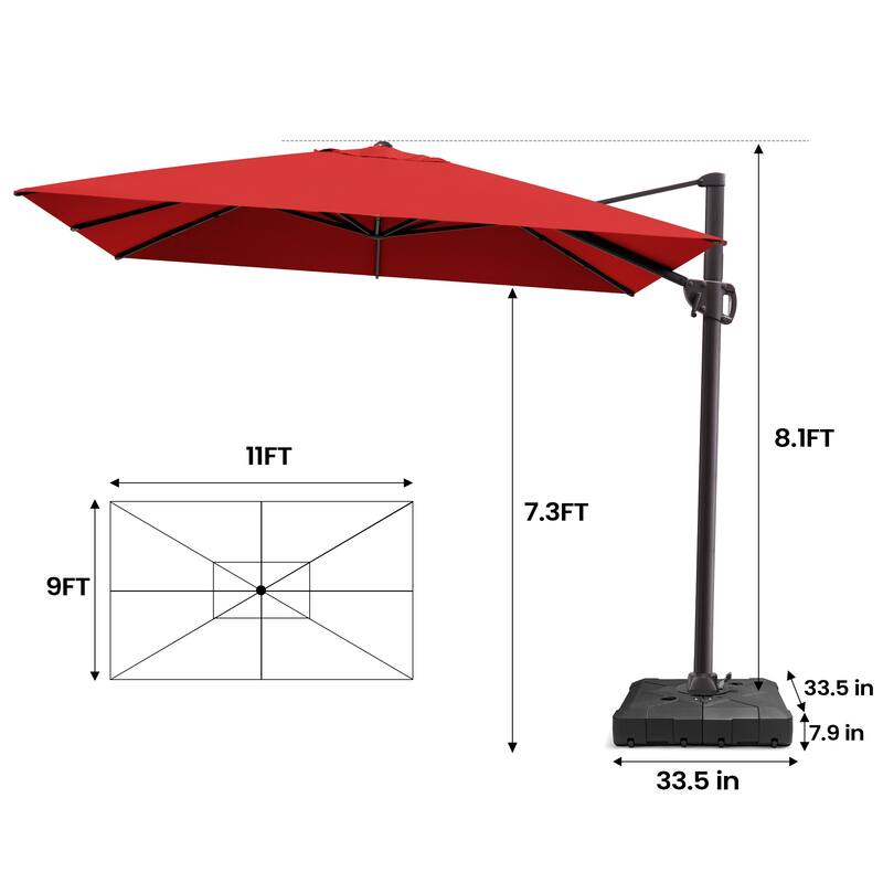 Outdoor 9 x 11 Ft Cantilever Patio Umbrella 360 Degree Rotation with Wheel Base