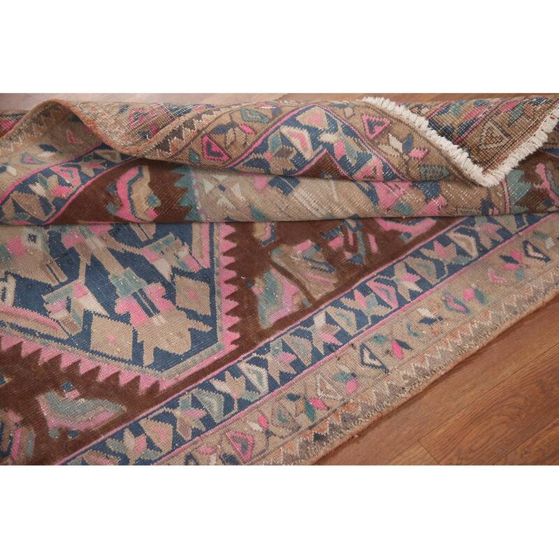 Hand Knotted Oriental 100% Wool Carpet Traditional Geometric Brown Heriz Runner Rug - 10' 11'' X 3' 9''