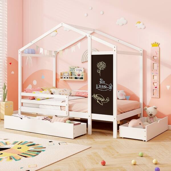 dimension image slide 2 of 3, Kids House-Shaped Twin Size Bed with 2 Large Drawers with Blackboard