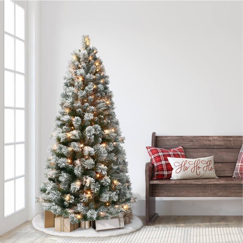 Puleo International 6 ft. Pre-Lit Flocked Montana Pine Artificial Tree