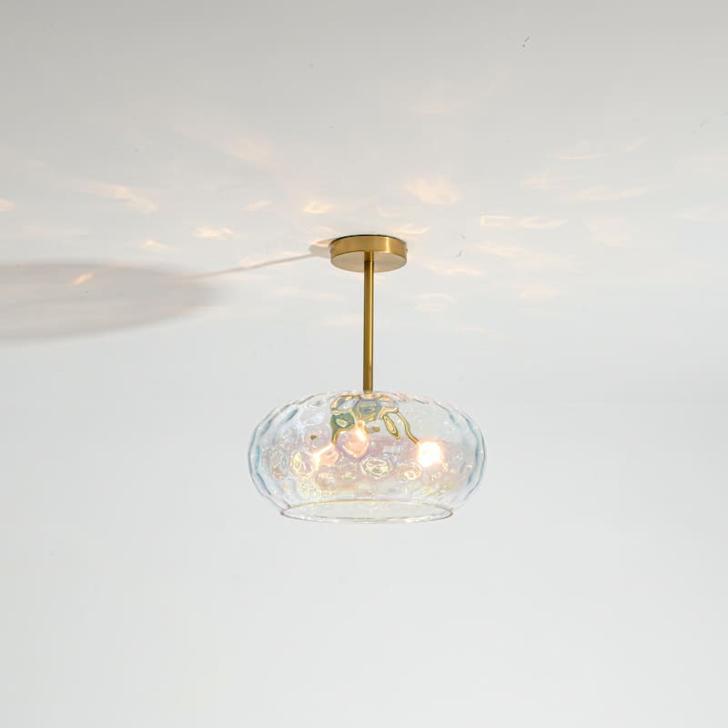 14.2" W 3-Light Modern Gold Dome Semi-Flush Mount Ceiling Light with Water Glass Shade for Foyer, Bedroom