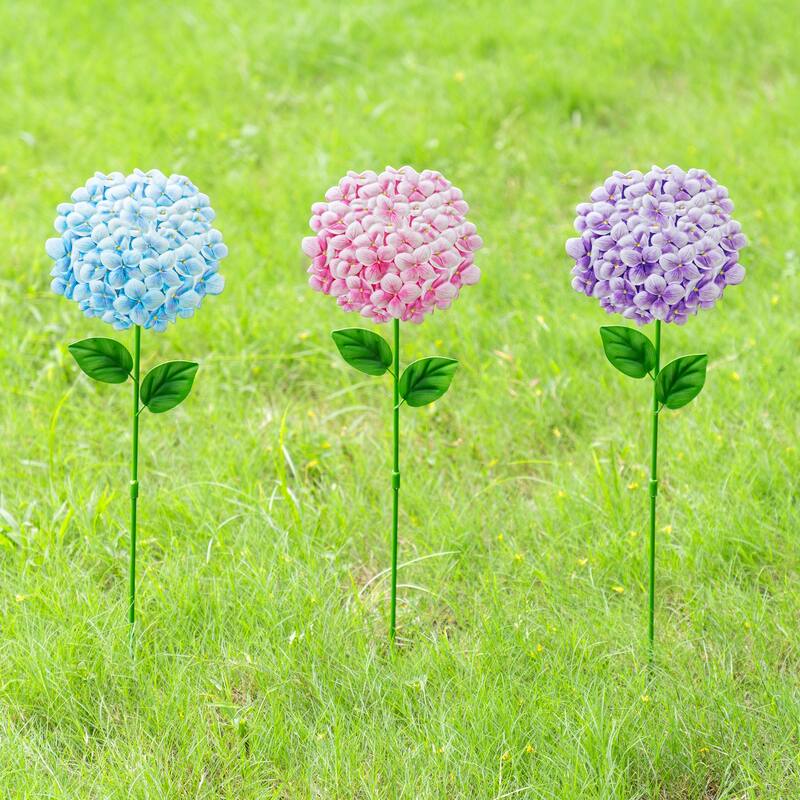 Glitzhome Set of 3 Metal Dimensional Flowers Yardstake Hydrangea Pick Wall Decor