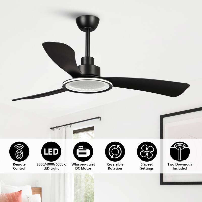 52-inch Black ABS 3-Blade Modern Propeller LED Ceiling Fan with Remote - 52 inches