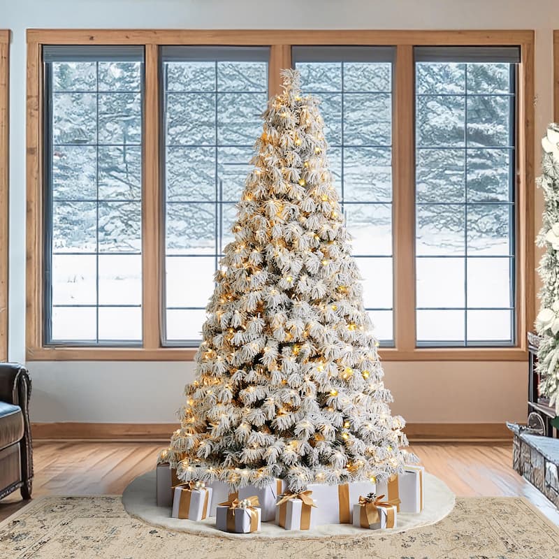 Glitzhome 7.5ft/9ft Pre-Lit Flocked Full Spruce Artificial Christmas Tree with C3 Lights Foot Switch