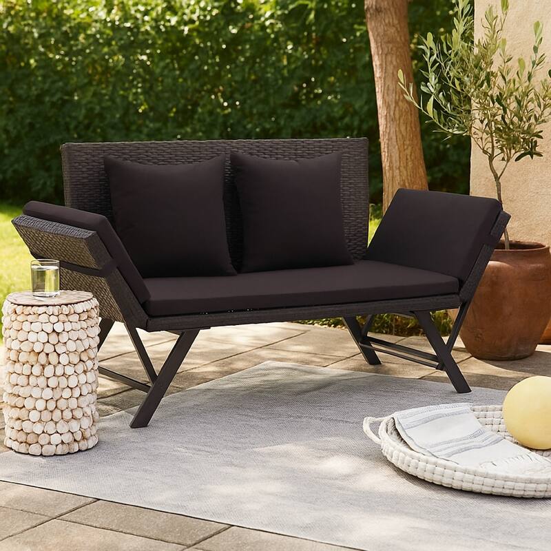 Outdoor Loveseat Bench, Black Fabric Cushions, Rattan, Steel, 51 Inch