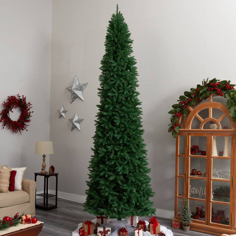 12’ Green Slim Mountain Pine Artificial Christmas Tree Clear LED - over-10-feet