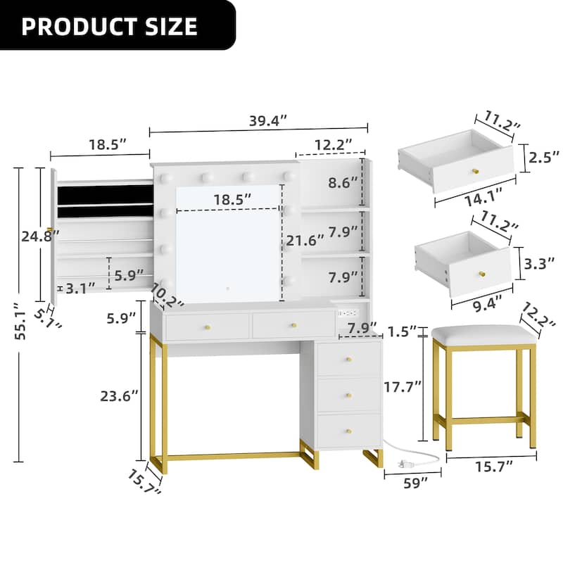 Moasis Makeup Vanity Set with Lighted Mirror & Stool, Sliding Hidden Jewelry Storage