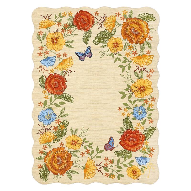 Area Rugs for Living Room Bedroom Washable Modern Floral Rug Scalloped Non-Slip Low Pile Carpet