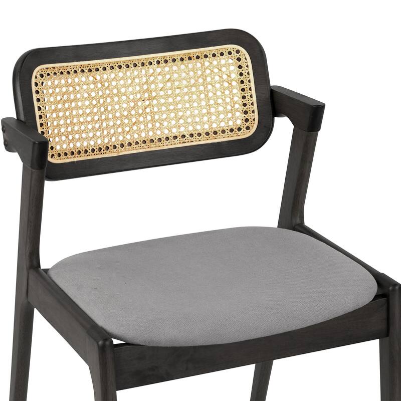 Set of 2 Azula Gray Fabric Dining Chair with Rattan Back and Black Wood Legs