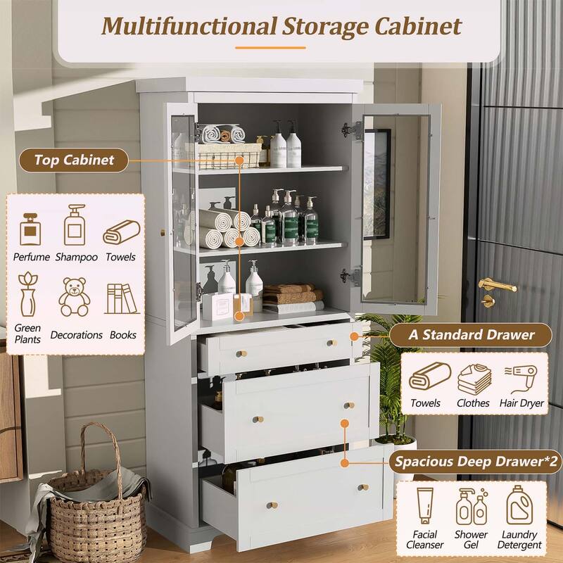 Freestanding Tall Bathroom Cabinet with 2 Adjustable Shelves,3 Drawers,Soft Close Glass Doors