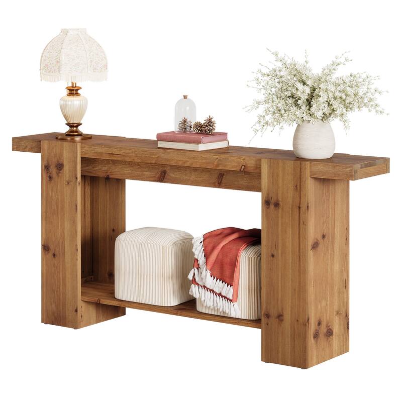 63-Inch Solid Wood Entryway Table, Console Table with 2-Tier Shelves