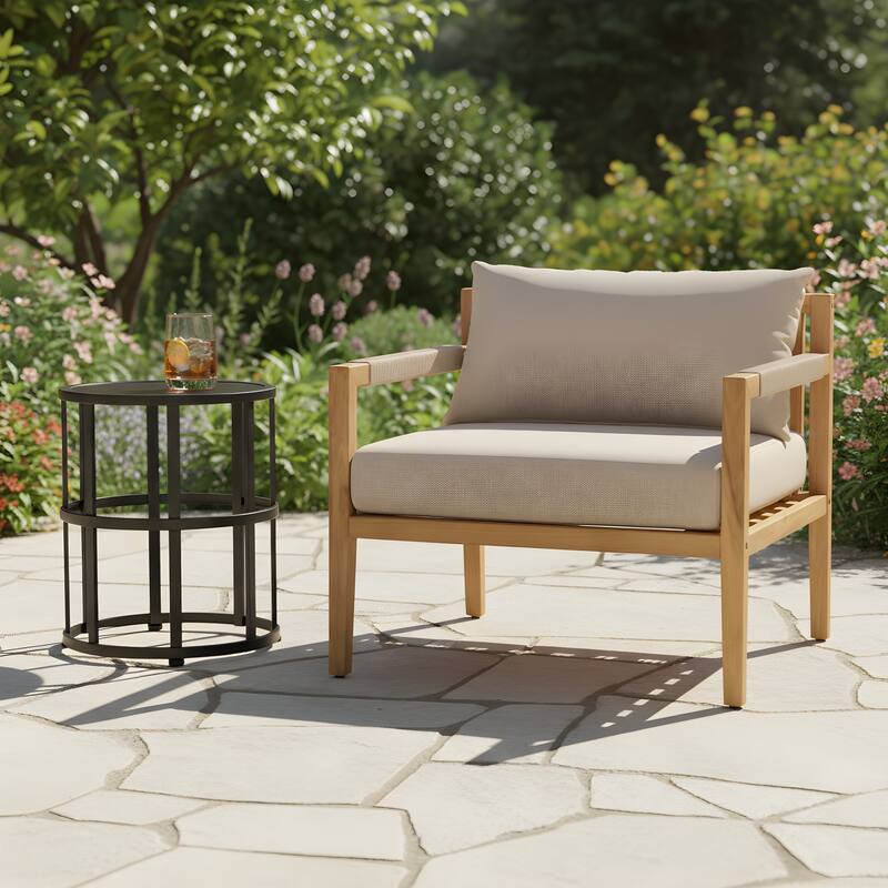 Christopher Knight Home - Modern Outdoor Acacia Wood Club Chair with Side Table - 1 Table + 1 Club Chair - Beige + Black
