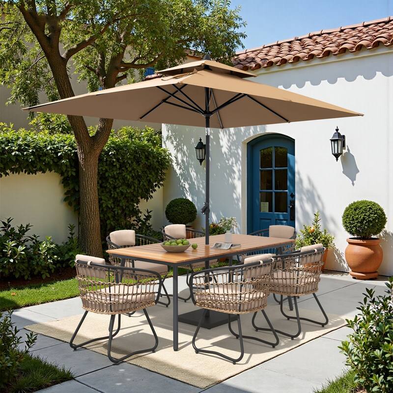 9/11-piece Outdoor Dining Set w/ Umbrella and Base Aluminum Dining Table and PE Rattan Wicker Chairs