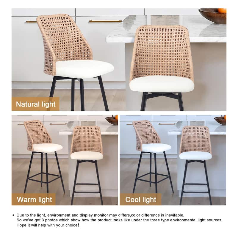 Chenille Counter Height Swivel Bar Stools Rattan Back with Metal Legs