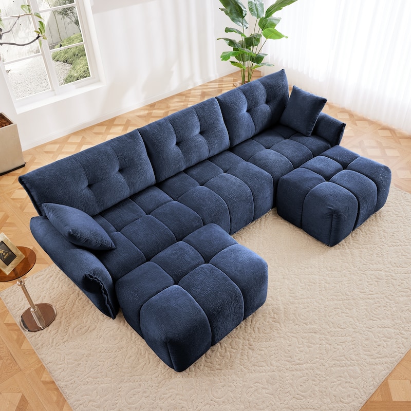 Modular 4-Seat Chenille Sofa Set with 2 Ottomans, High-Resilience Cushions and Solid Wood Frame