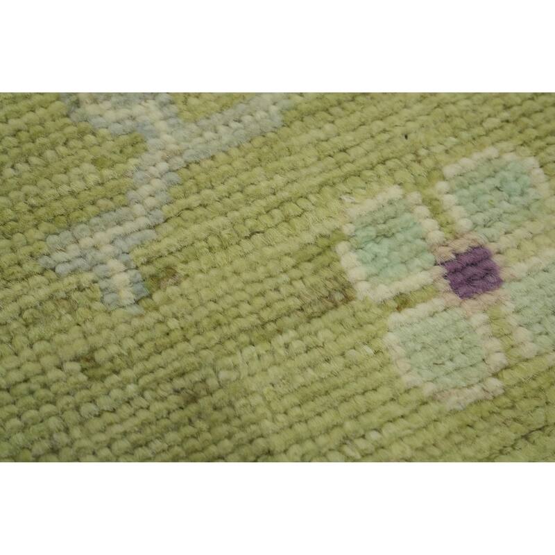Handmade Green Oushak Vegetable Dye Area Rug Floral Geometric Carpet - 12' 0'' X 9' 0''
