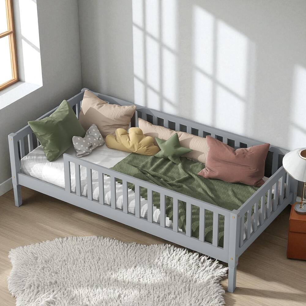 Twin Floor Bed with High Safety Fence, Rubber Wood Construction, Easy Assembly