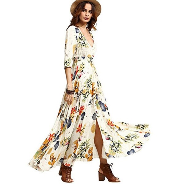 women's button up split floral print flowy party maxi dress