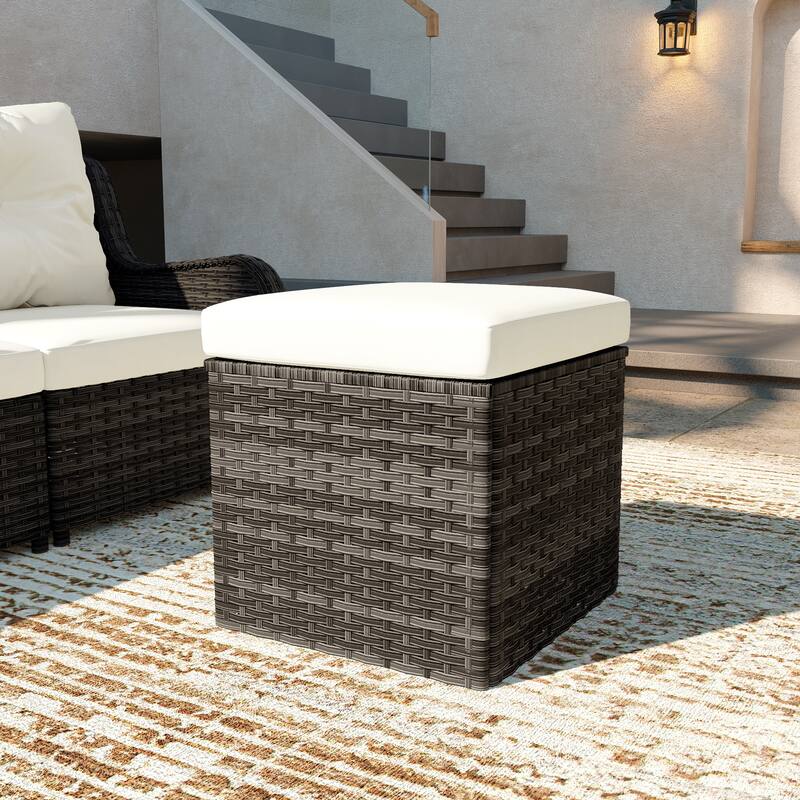 Outdoor Wicker Square Storage Ottoman with Plush Cushion - GreyBrownBase-Beige