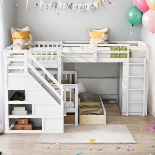 Twin-Twin over Full L-Shaped Bunk Bed With 3 Drawers, Portable Desk and Wardrobe