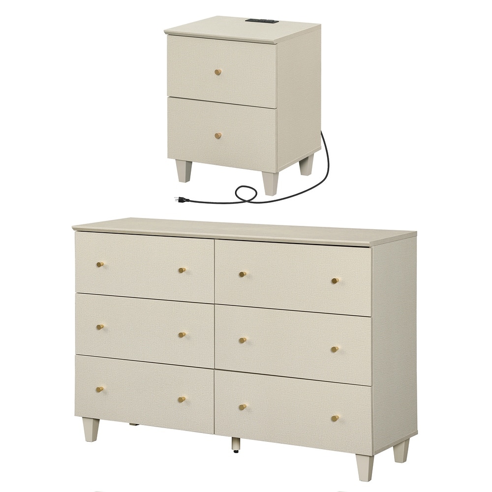 Bedroom 6-Drawer Wood Dresser and Charging Nightstand Set