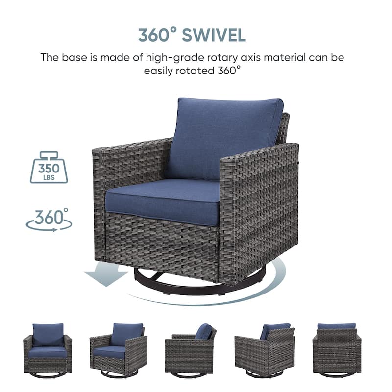 Outdoor Sofa Swivel Chairs Set with Fire Pit Table - Blue cushion - Grey