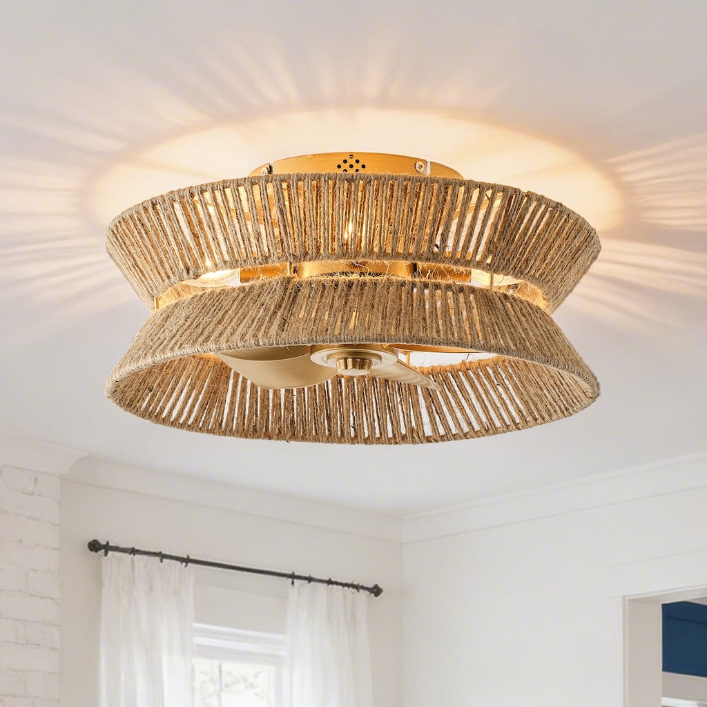 18-inch Boho Distressed Gold Chandelier Ceiling Fan with Remote and Hand Hemp Rope Shade - 17.7" W x 8.19" H
